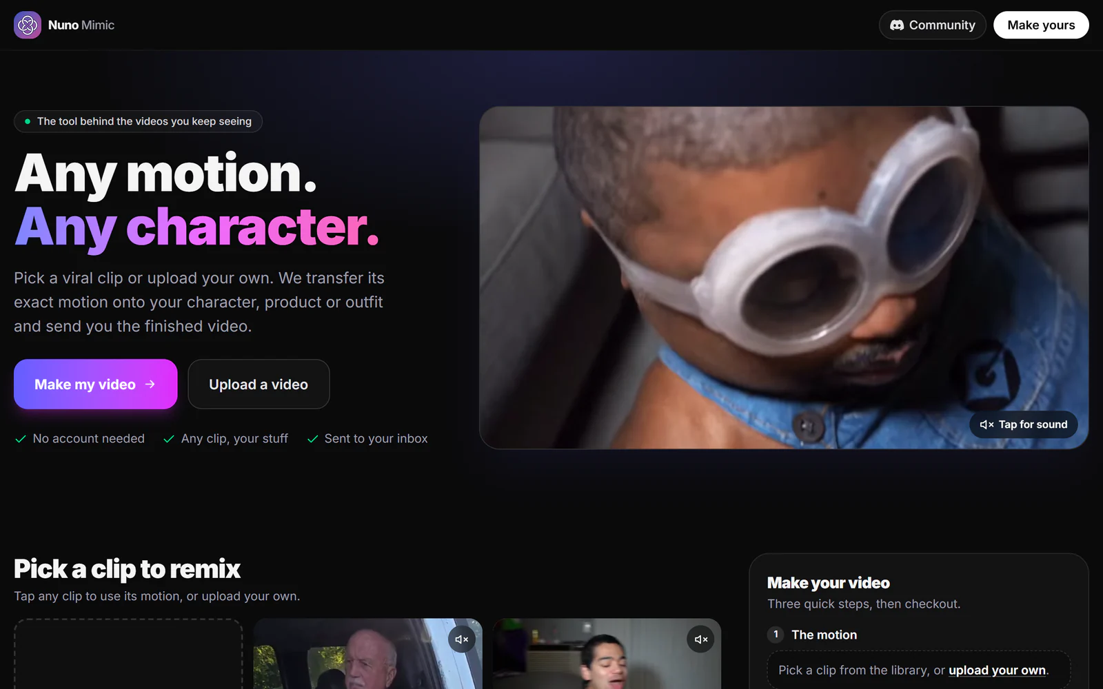Nuno Mimic: pick a viral clip, add your character, pay once per video