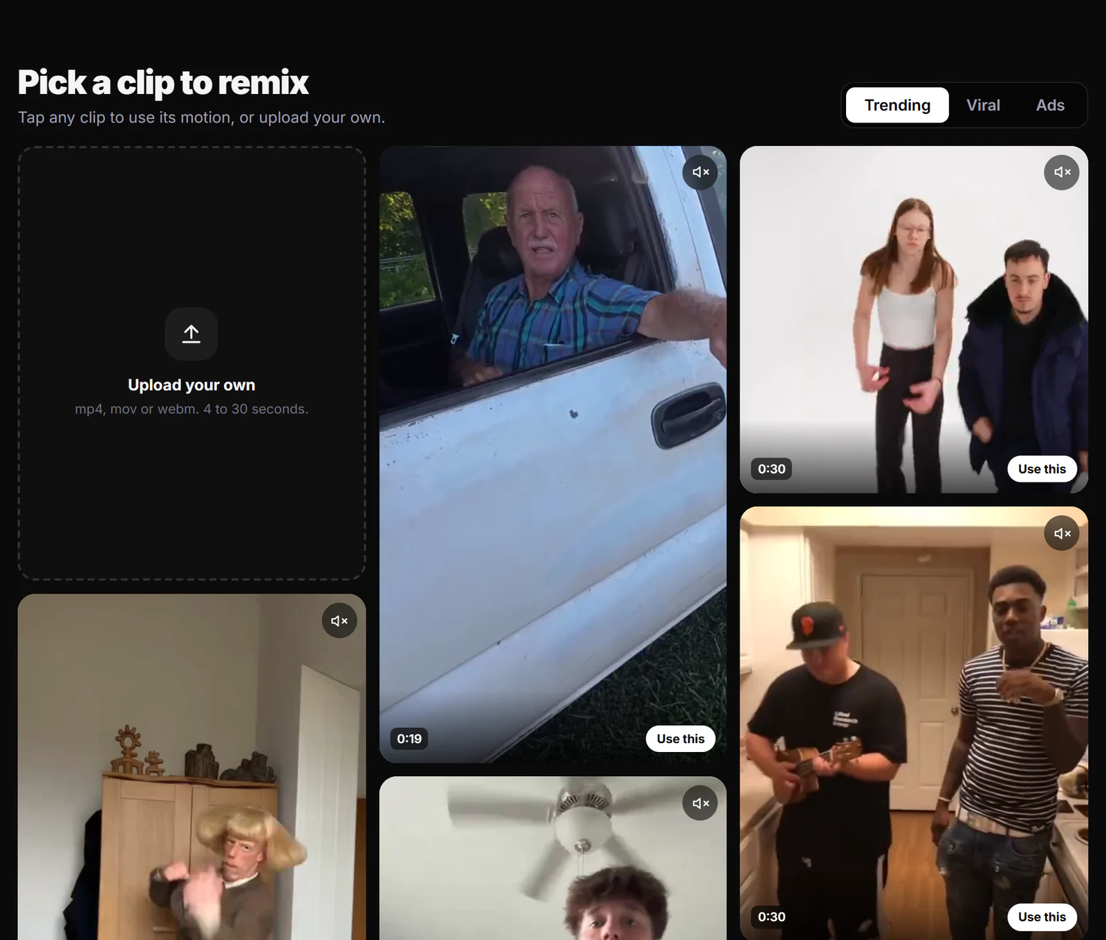 Real viral clips in the Nuno Mimic library, ready to remix with your character
